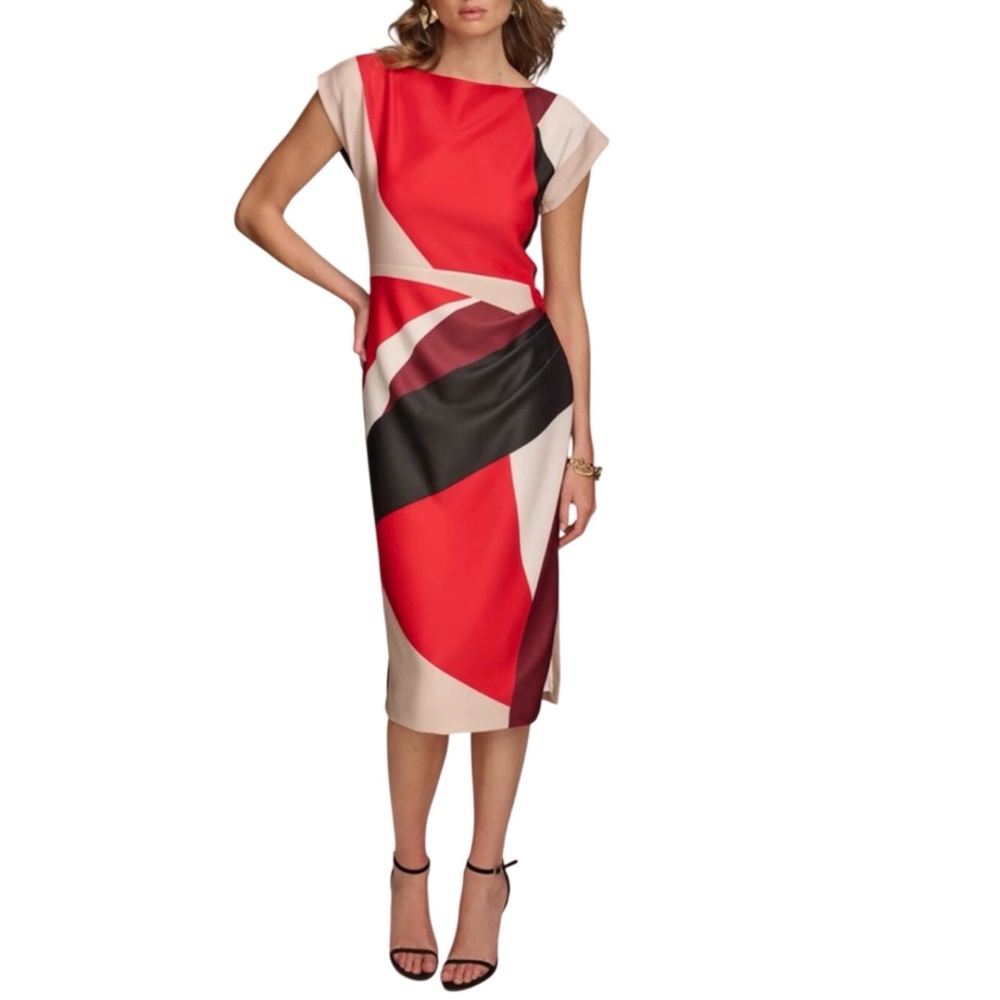Donna Karan Color Block Dress Scuba Knit Boat Neck Sheath Red Black Size 8
